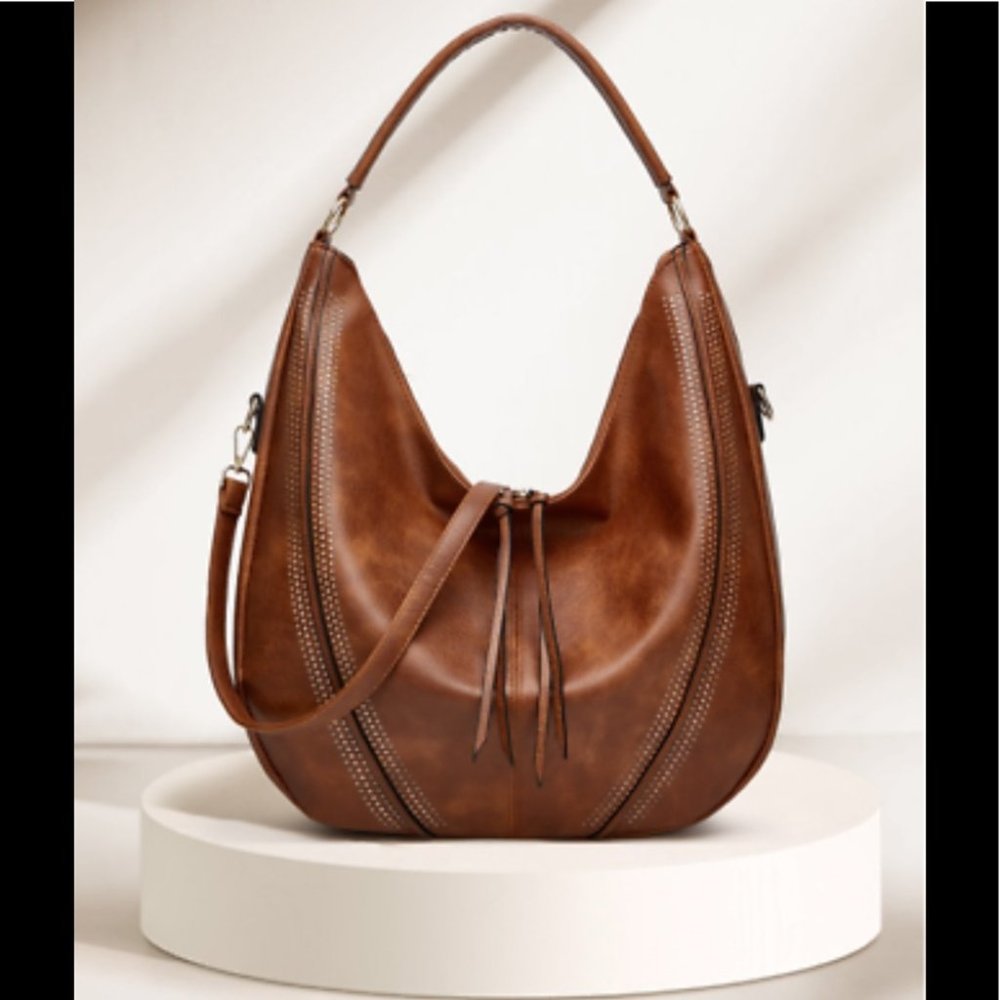 Classic Brown Vegan Leather Hobo Bag - Women - Picture 6 of 8